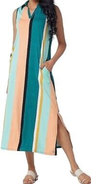 Cuddl Duds Maxi Dress Flexwear Polo Tank Everglade Stripe Small